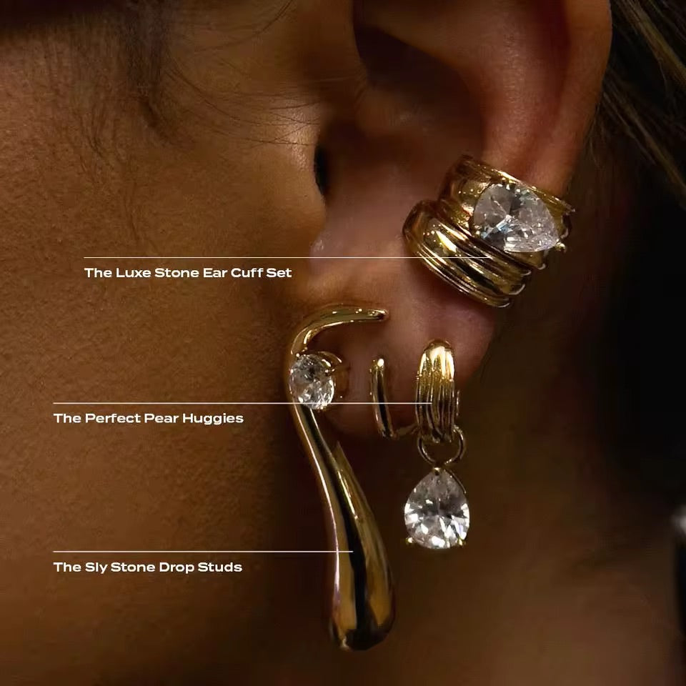 Gold Oval Crystal Duo Ear Cuff