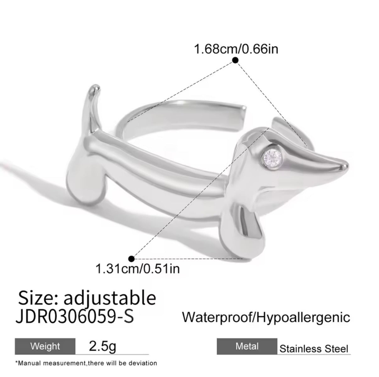Silver Crystal Sausage Dog Ring