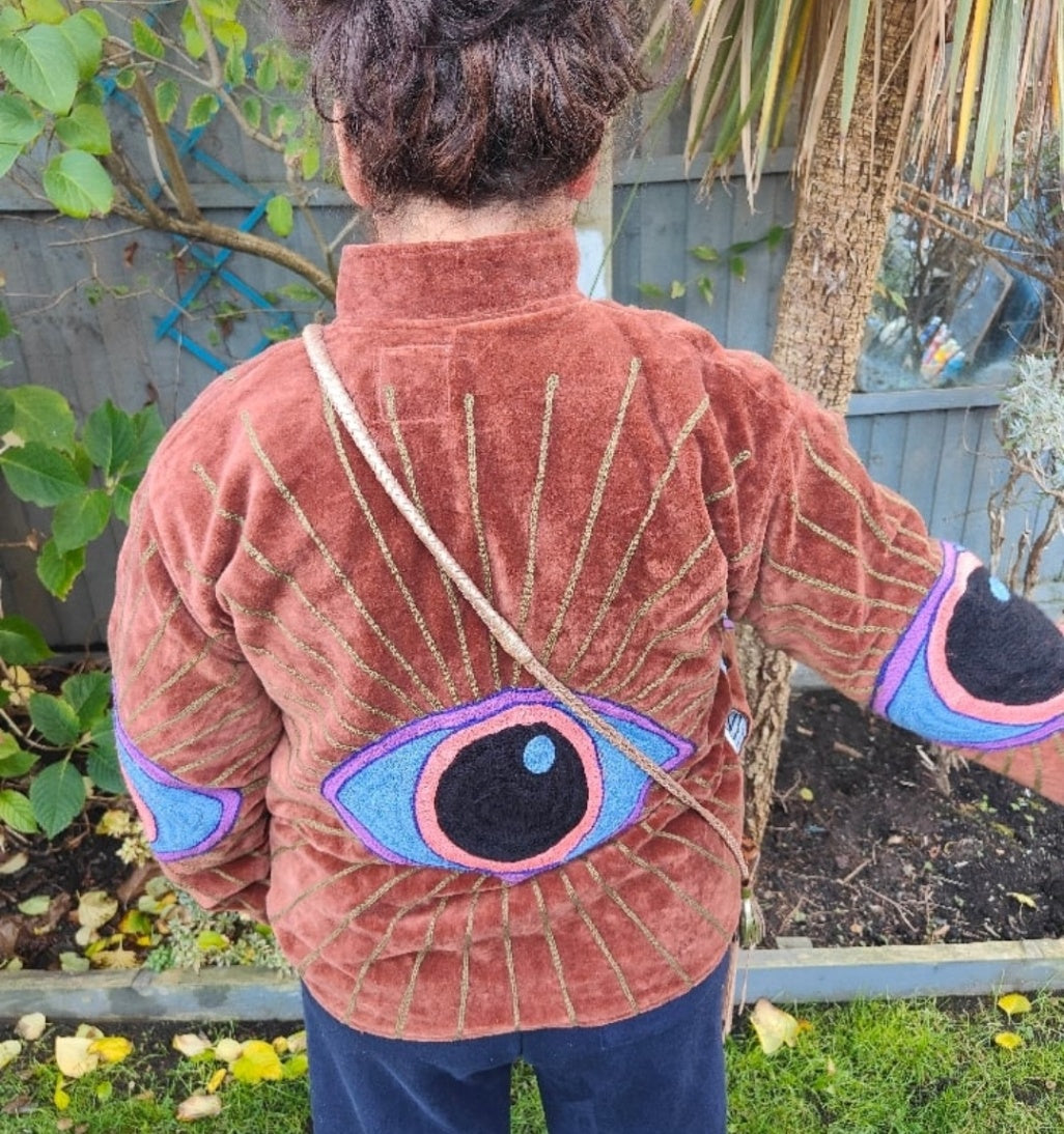 Wanderlust evil eye protection velvet jacket Brown
