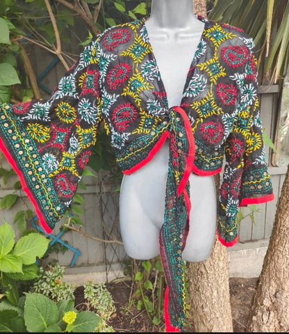 Embroidered Stevie tie top - Black - one size