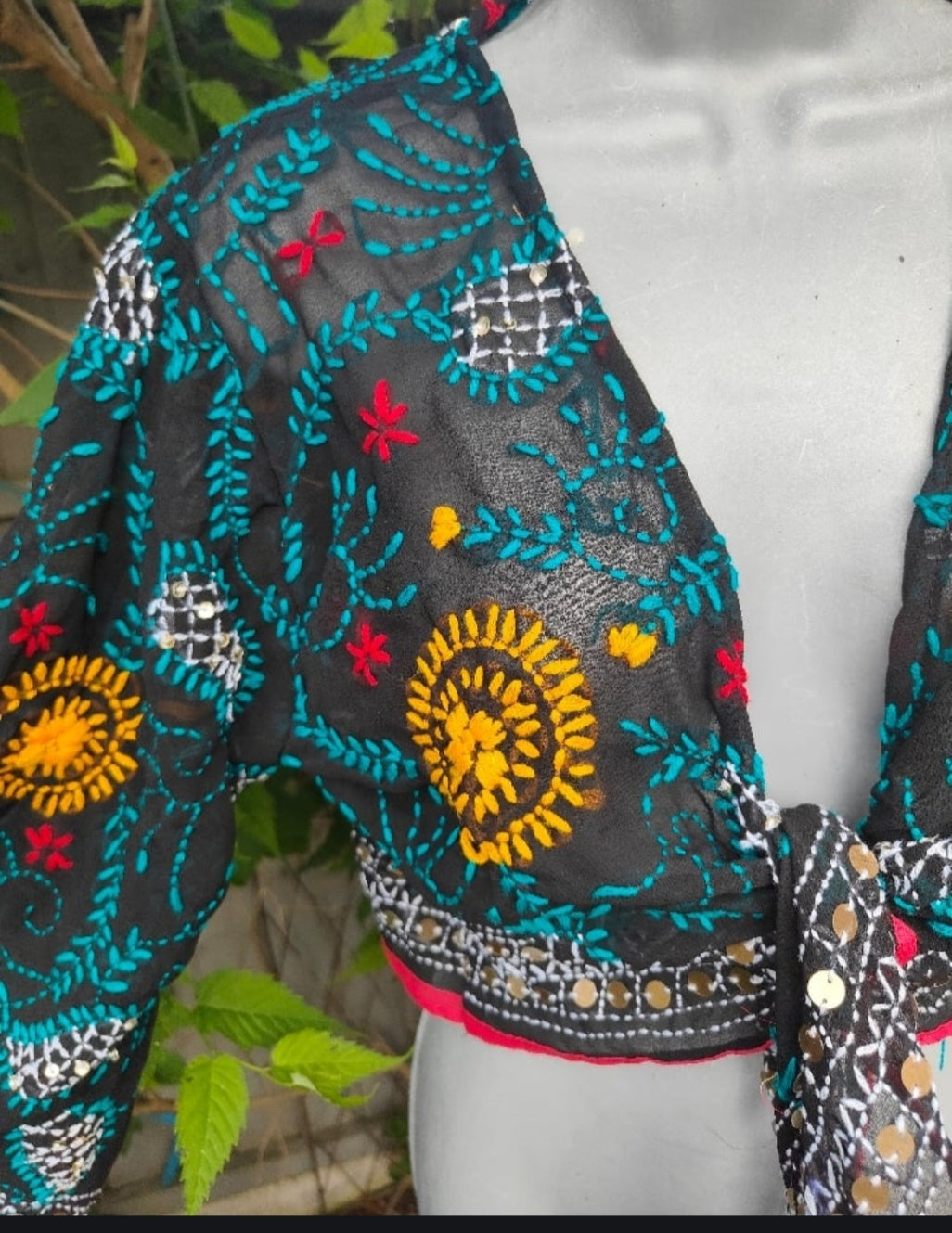 Embroidered Stevie tie top -Black one size