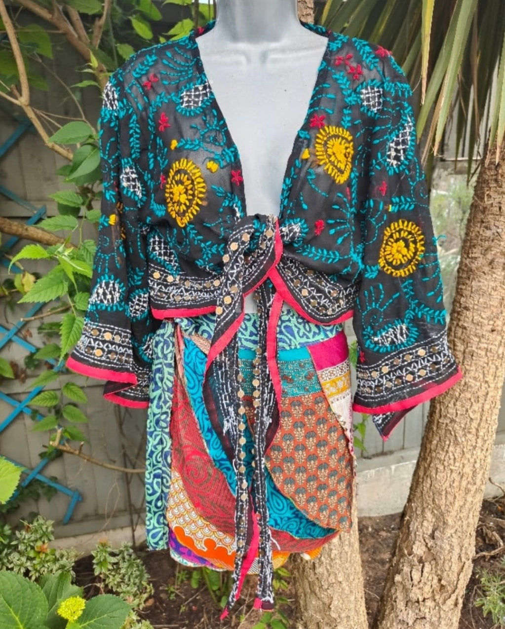 Embroidered Stevie tie top -Black one size