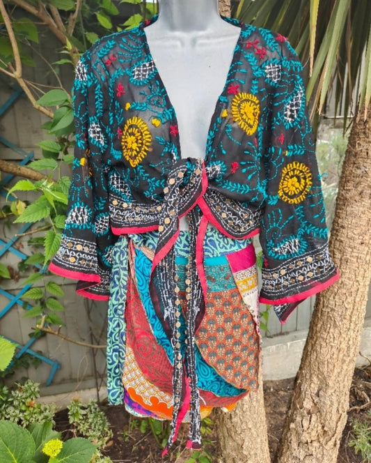 Embroidered Stevie tie top -Black one size