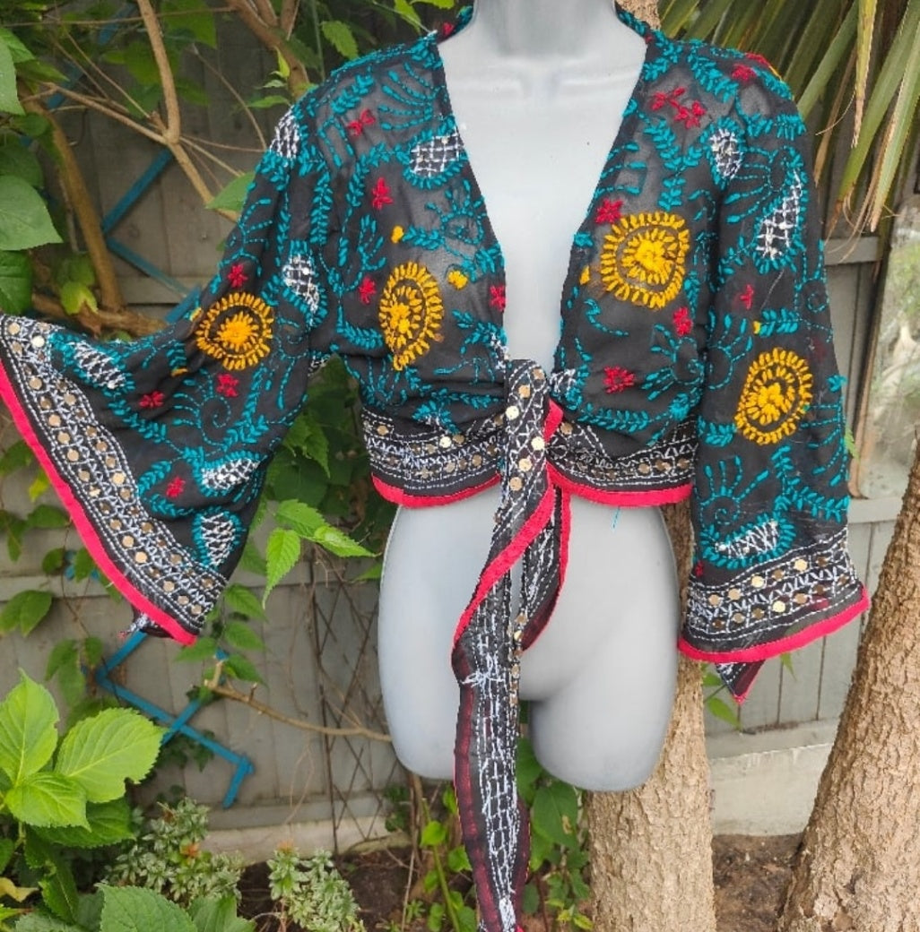 Embroidered Stevie tie top -Black one size