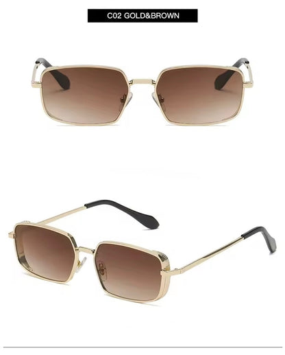 Retro Rectangle Metal Sunglasses Gold Brown