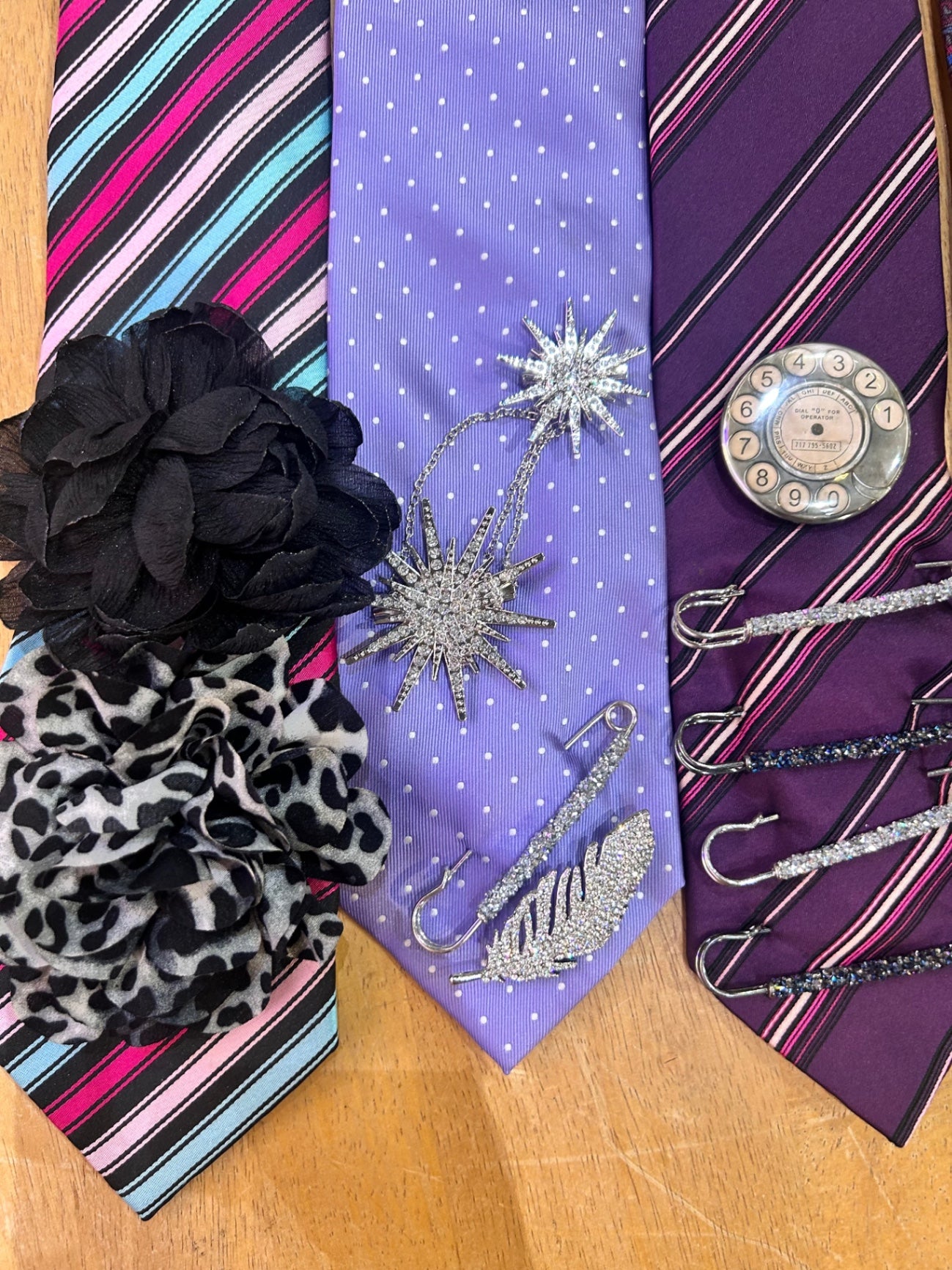 Vintage Tie Reworked - Lilac Silver Feather