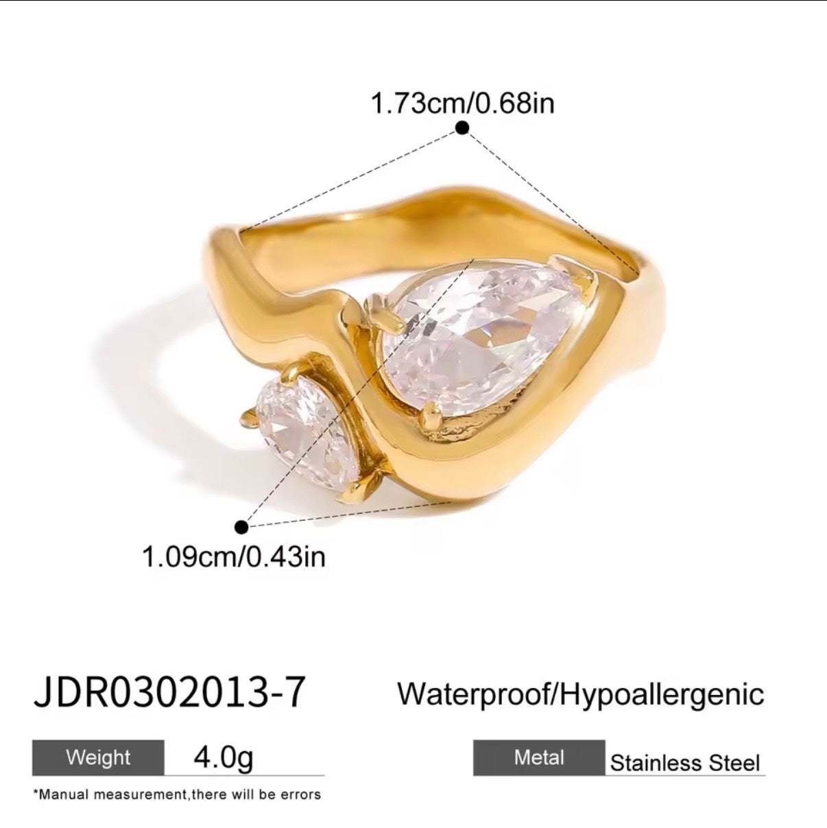 Twin Pear Gold CZ Crystal Ring Size 7