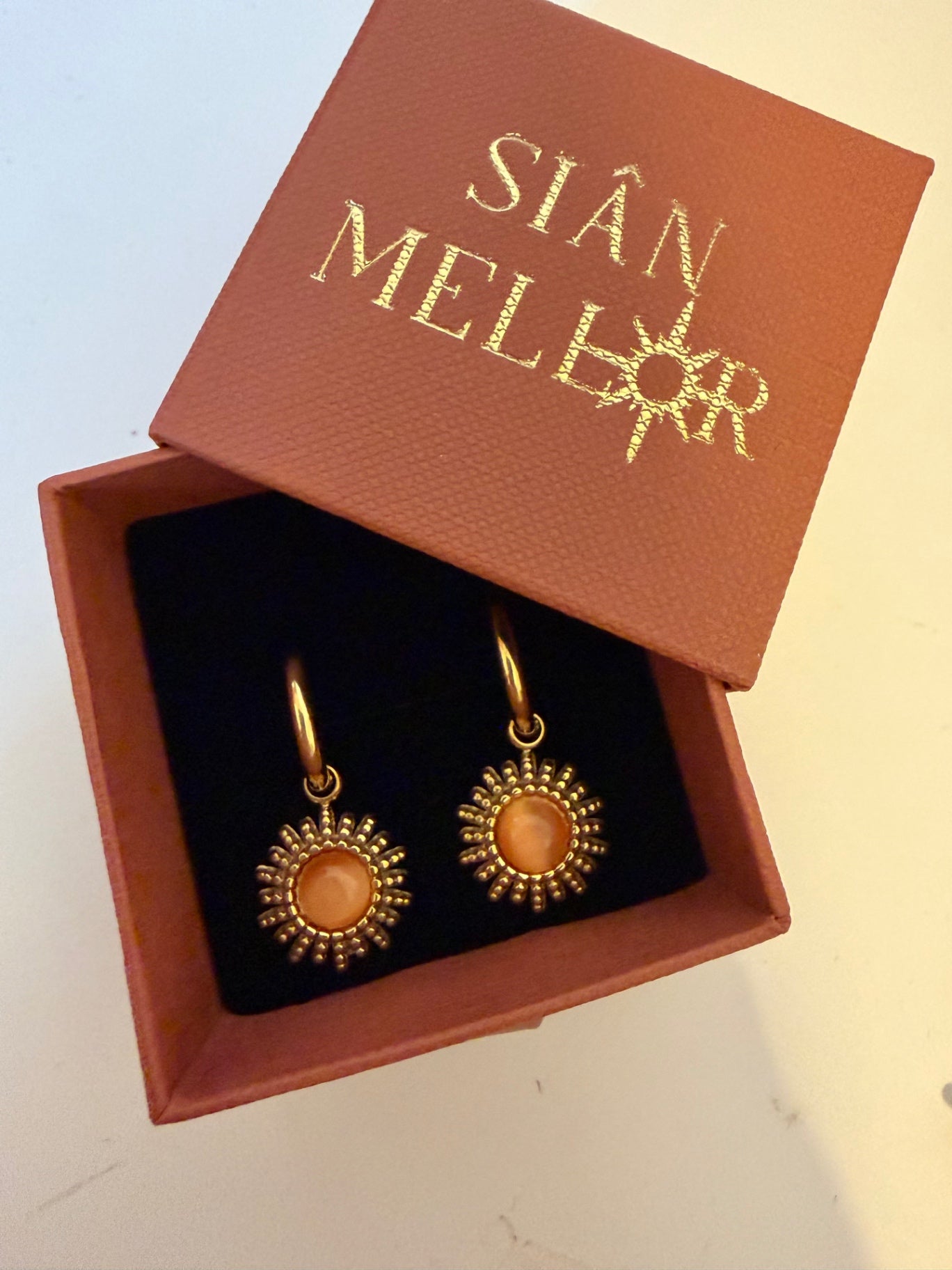 Pink and gold sun hoop earrings 