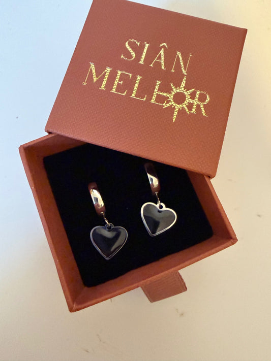 Black and silver heart hoop earrings 