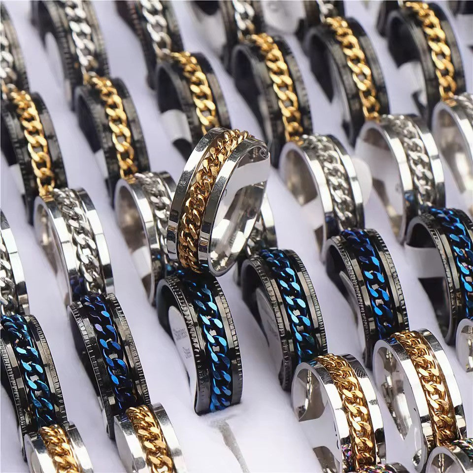 Anti Anxiety Chain Ring Silver Black Mixed Sizes