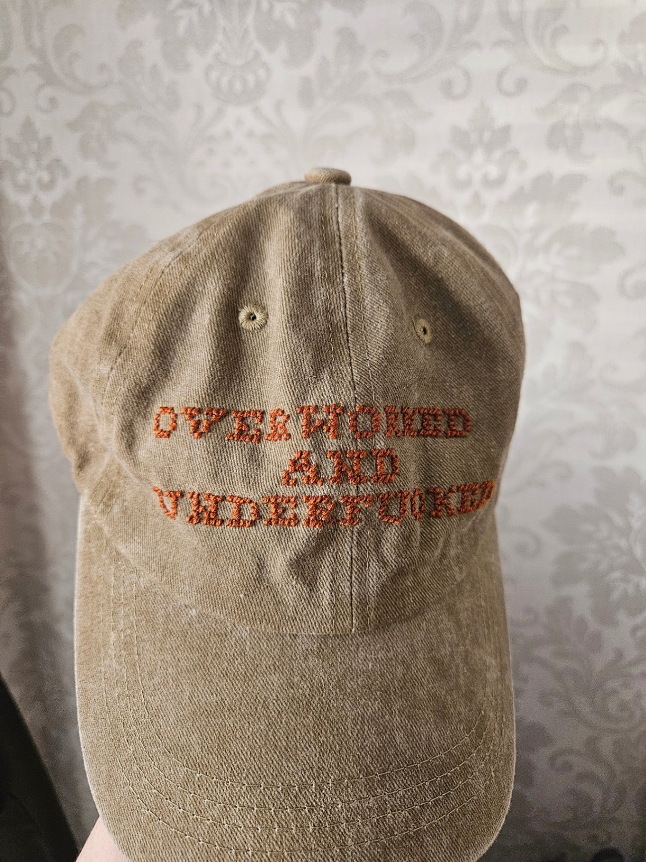 Overworked and Underfucked Cross stitched cap