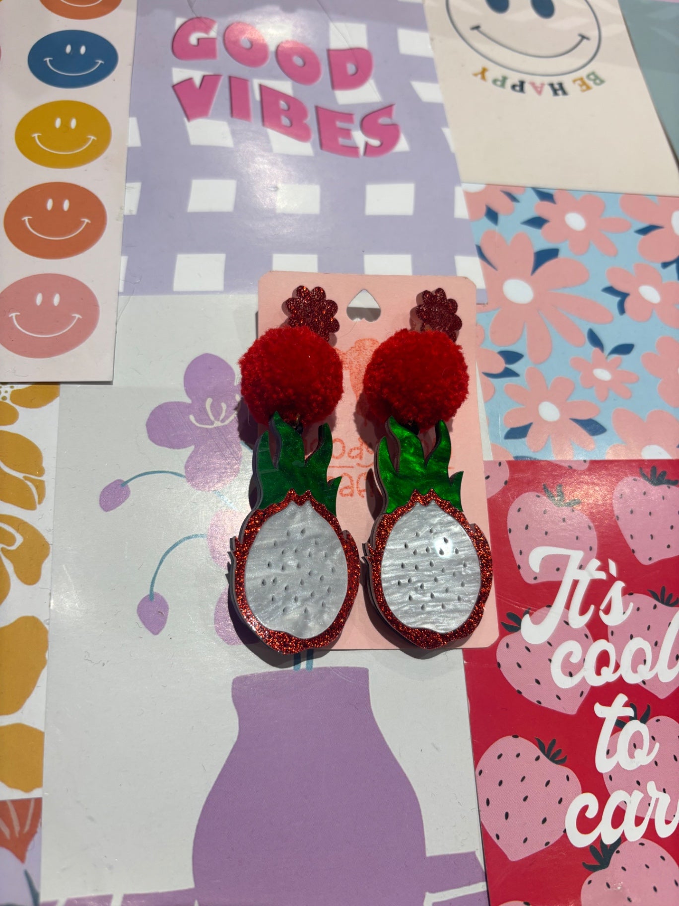 Red Dragon Fruit Pom Pom Earrings