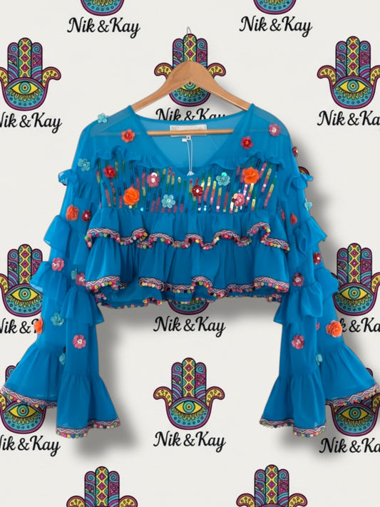 Blue frill sleeve top