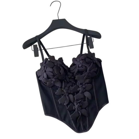 FLOWER APPLIQUE BLACK CORSET