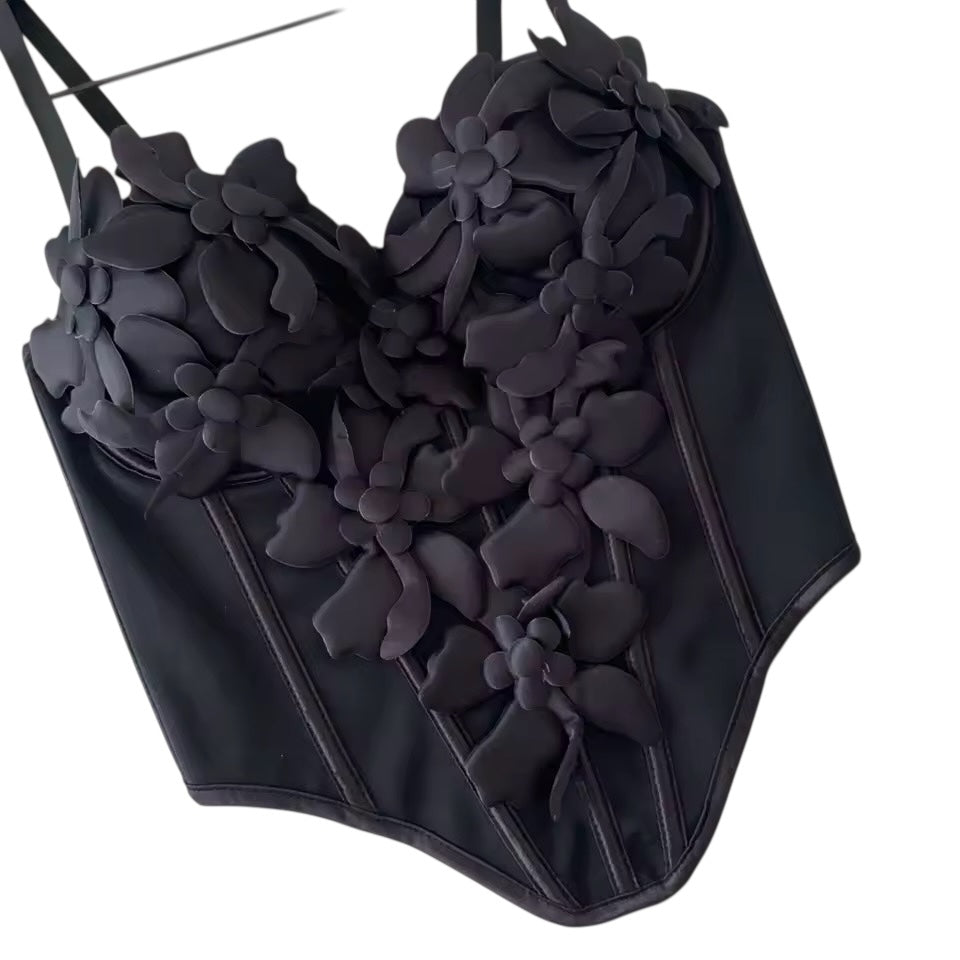 FLOWER APPLIQUE BLACK CORSET
