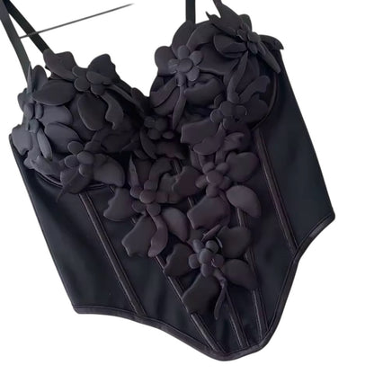 FLOWER APPLIQUE BLACK CORSET