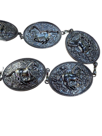 Silver Cowboy Horse Etched Chain Belt