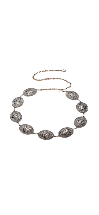 Silver Cowboy Horse Etched Chain Belt