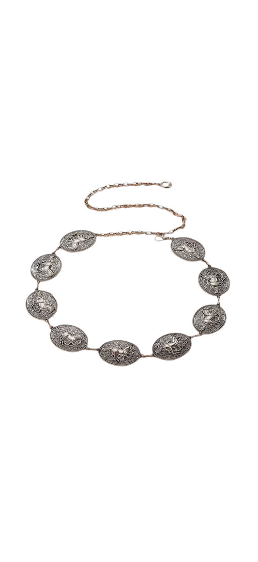 Silver Cowboy Horse Etched Chain Belt