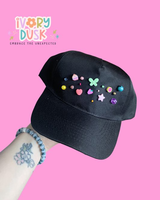 Beaded novelty black cap
