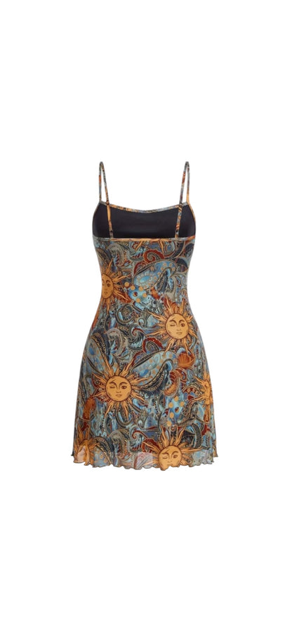 Celestial sun & swirl print mini dress