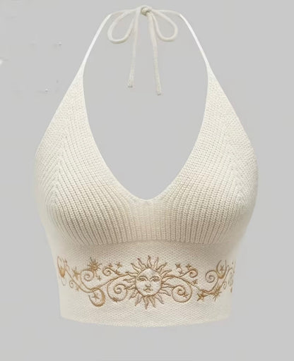 Golden cosmic embroidery Halter-neck top