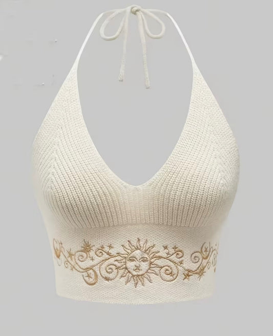 Golden cosmic embroidery Halter-neck top