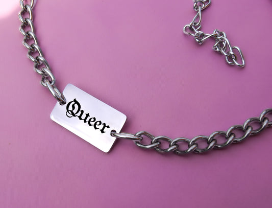 QUEER engraved silver chain
