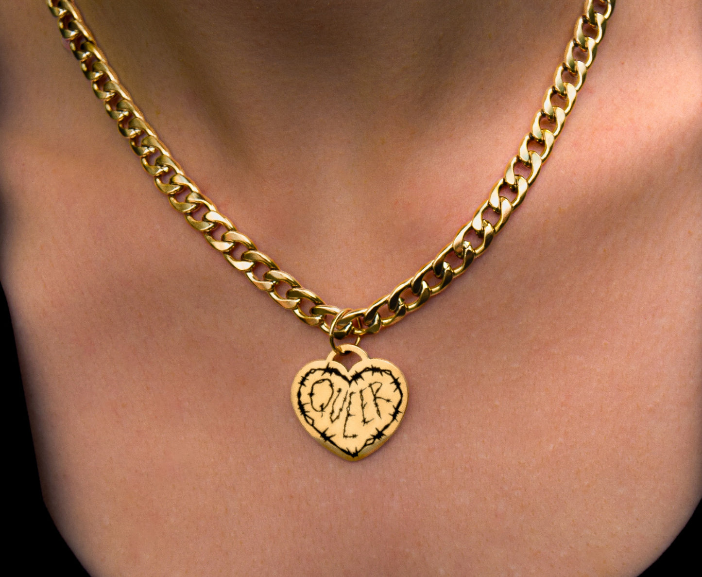 Gold QUEER barbed wire chunky chain - 16"-20" inches 