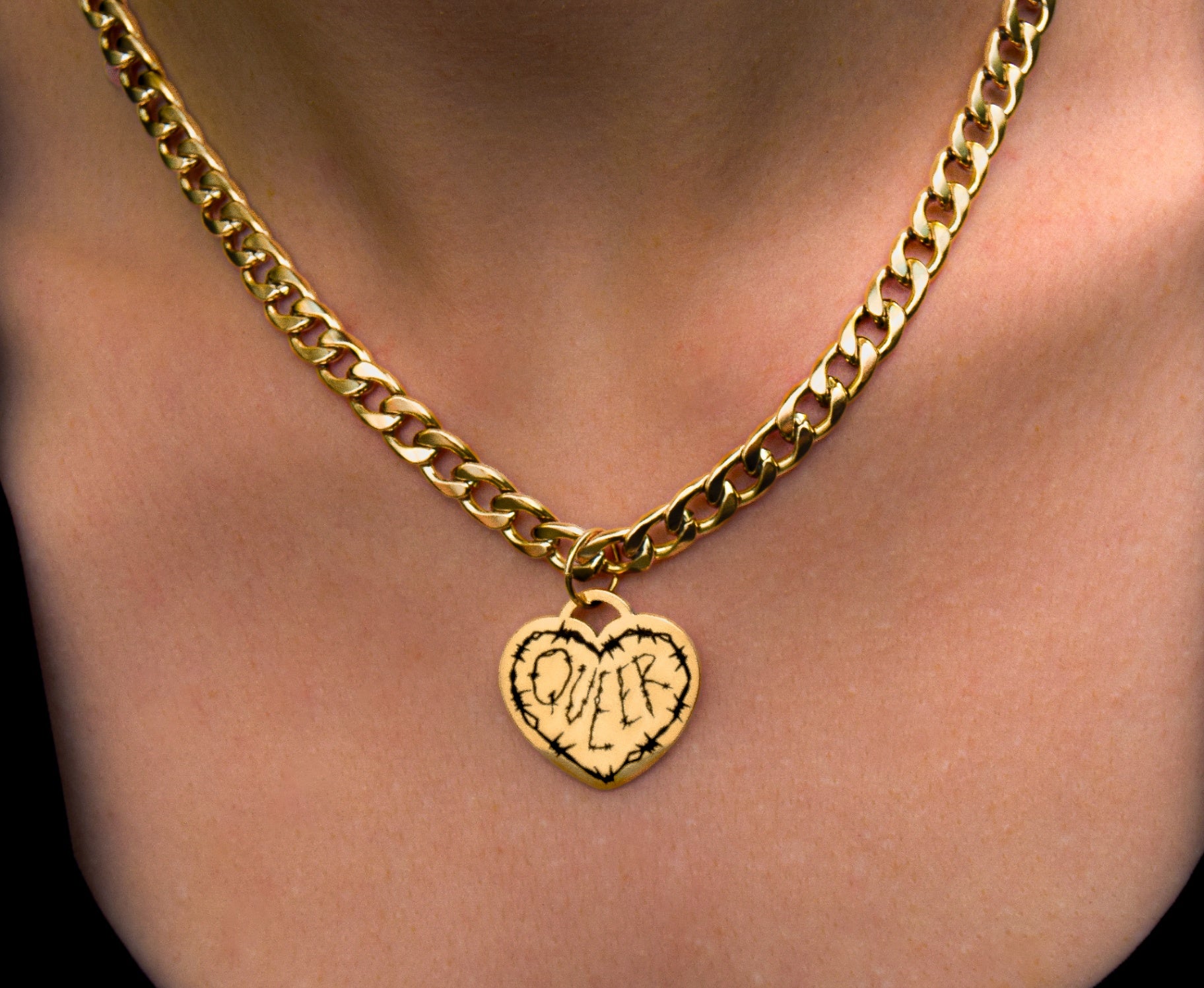 Gold QUEER barbed wire chunky chain - 16"-20" inches 
