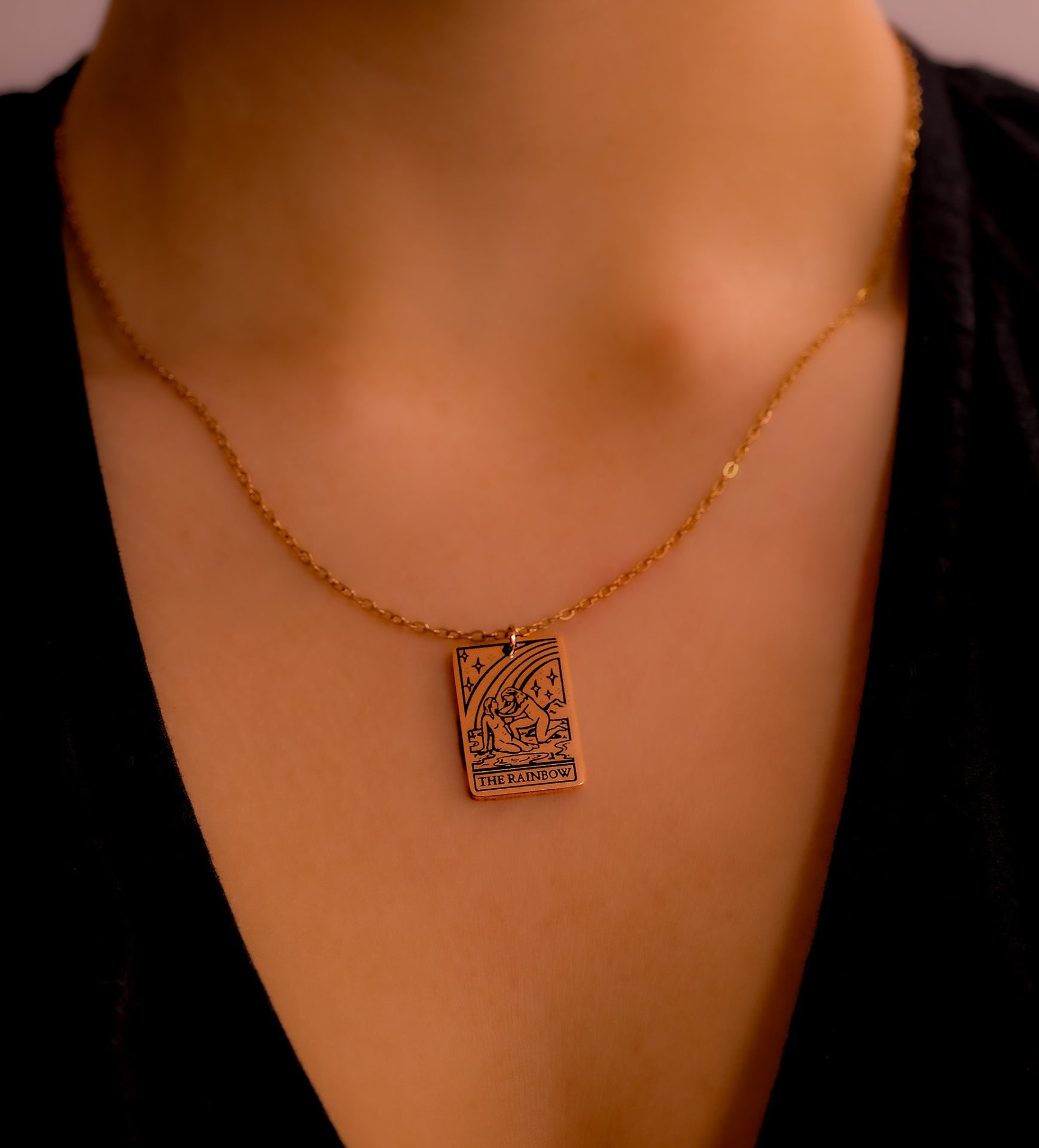 Rose gold rainbow tarot card necklace