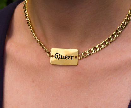 Gold QUEER engraved chunky chain 