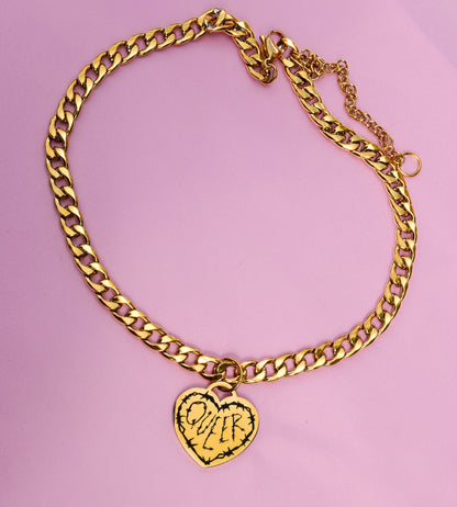 Gold QUEER barbed wire chunky chain - 16"-20" inches 