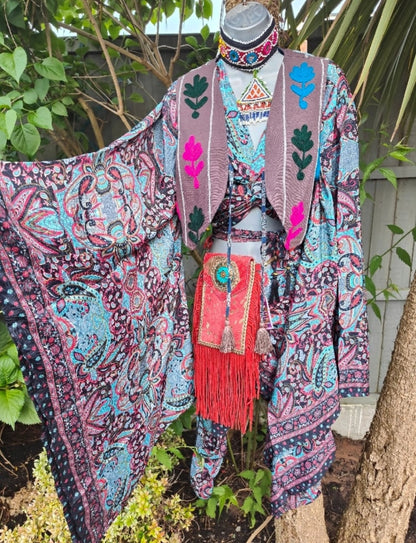 Pefkos co ord set top and sarong scarf-Black reds