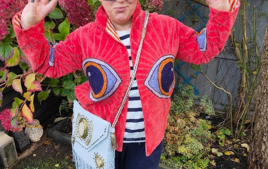 Wanderlust evil eye protection velvet jacket Brown