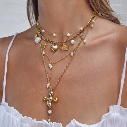 Cross Pearl Necklace Gold Silver Mix 