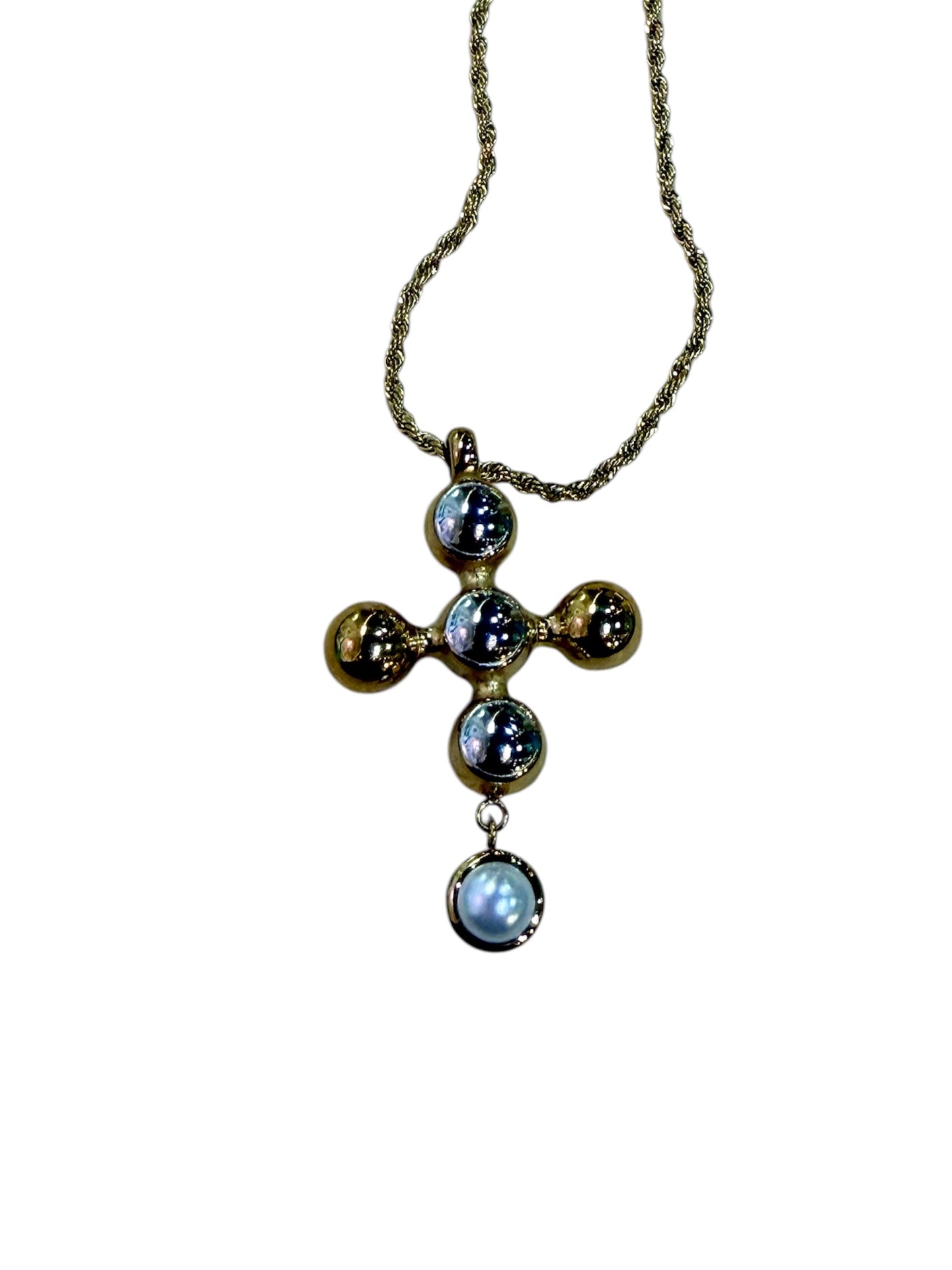 Cross Pearl Necklace Gold Silver Mix 
