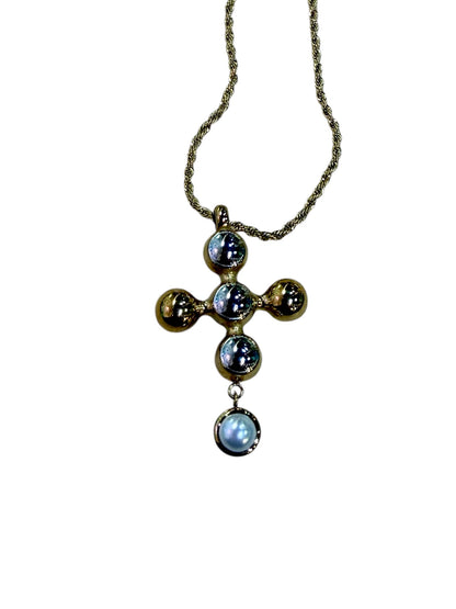 Cross Pearl Necklace Gold Silver Mix 