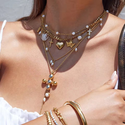 Cross Pearl Necklace Gold Silver Mix 