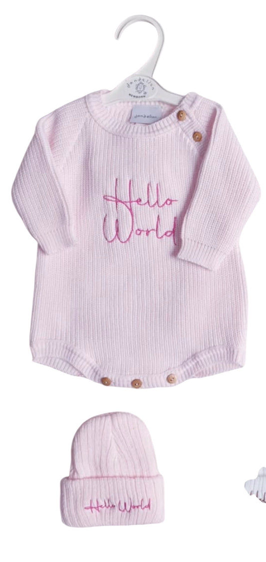 0-3m Pink Hello World Romper And Hat