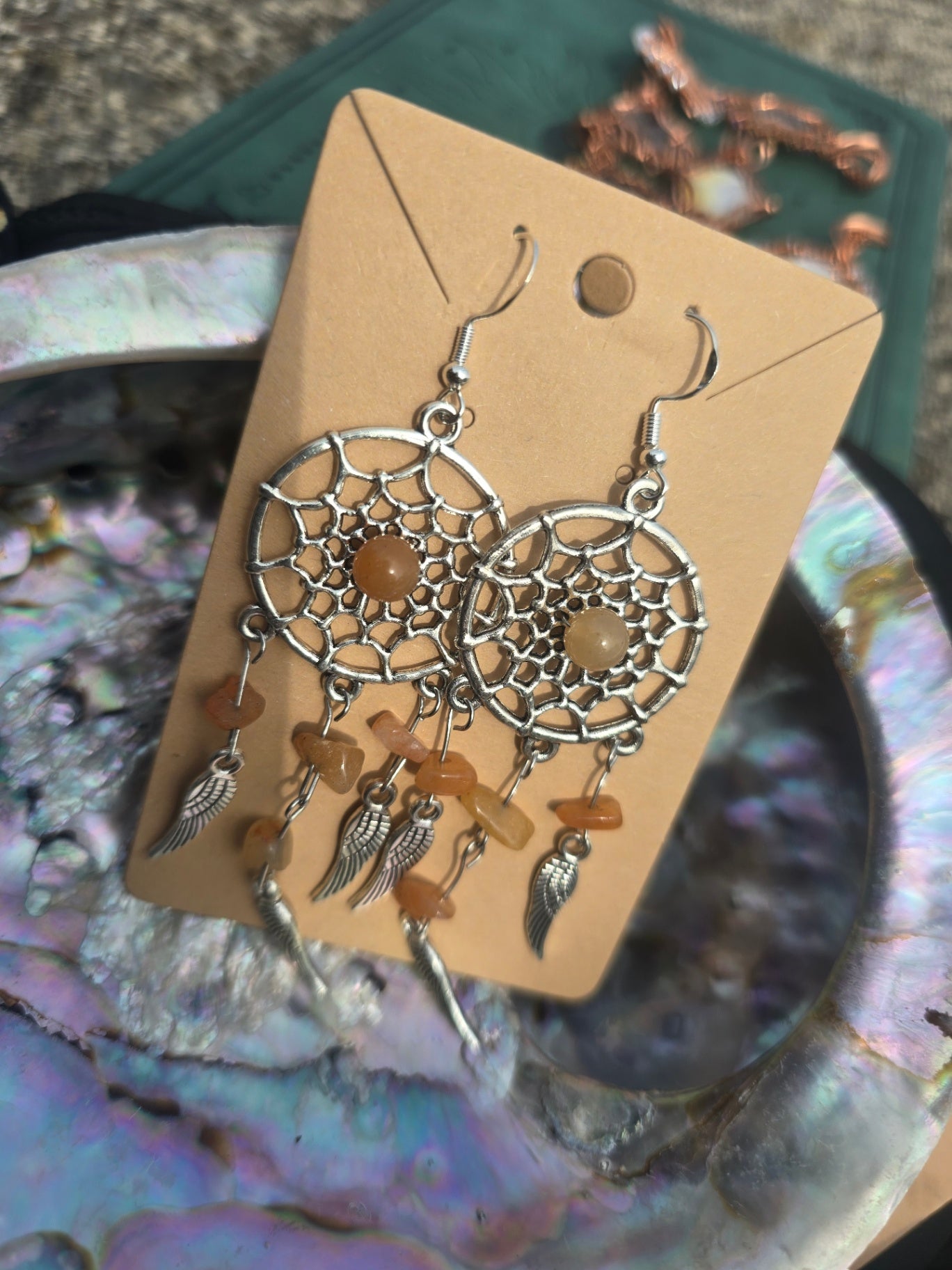 Orange aventurine dream catcher earrings 