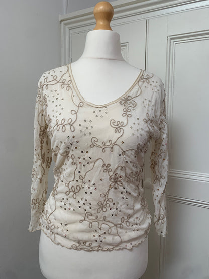 vintage cream floral sequin mesh top 