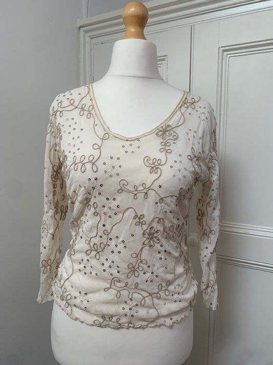 vintage cream floral sequin mesh top 