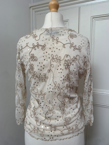 vintage cream floral sequin mesh top 