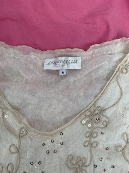 vintage cream floral sequin mesh top 