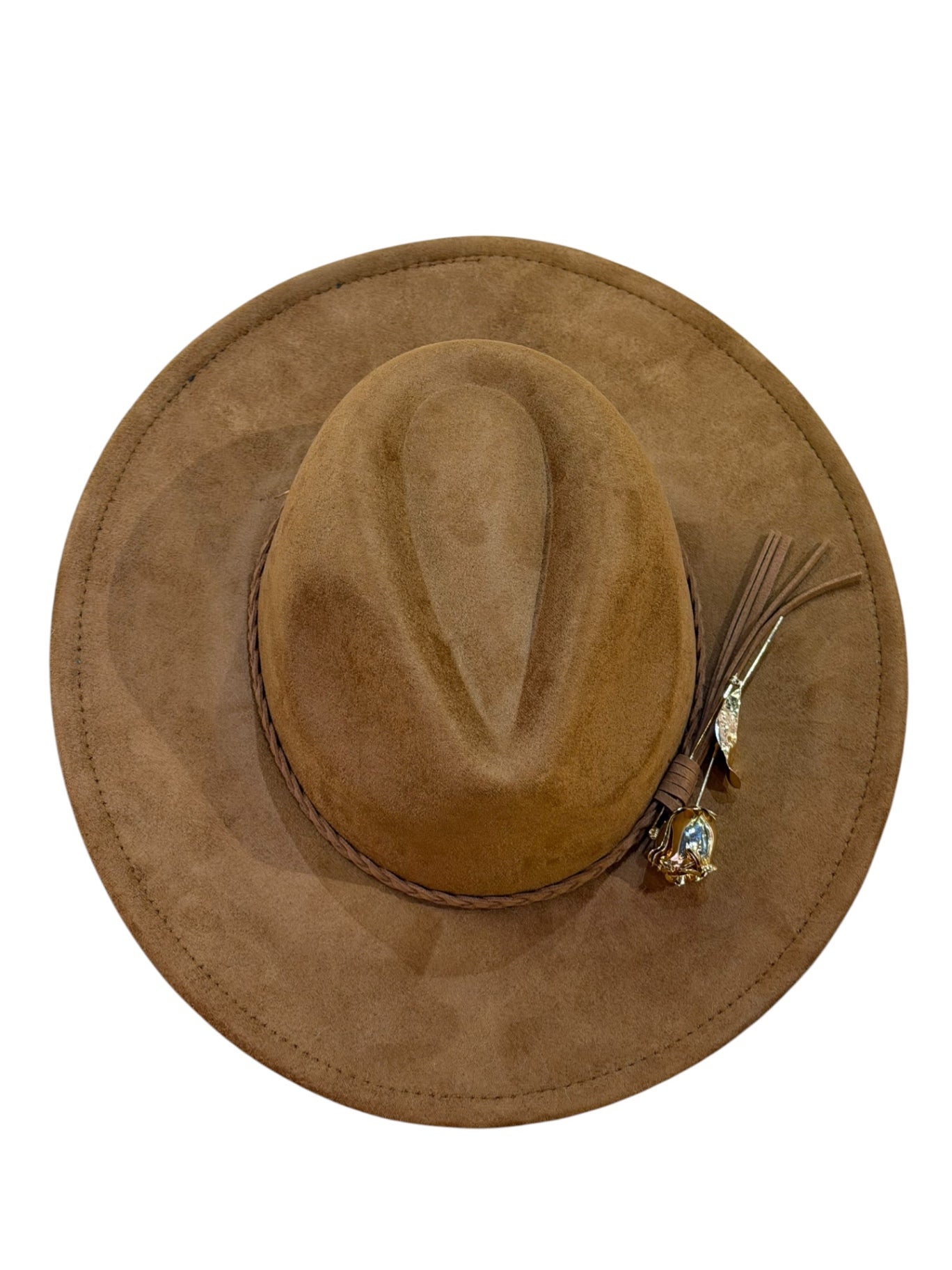 Gold Rose Brown Tassel Fedora Hat Adjustable 