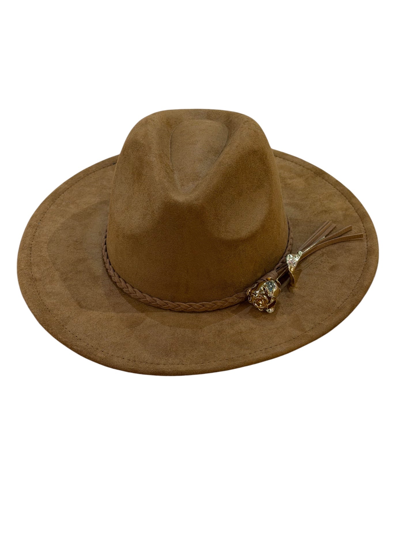 Gold Rose Brown Tassel Fedora Hat Adjustable 