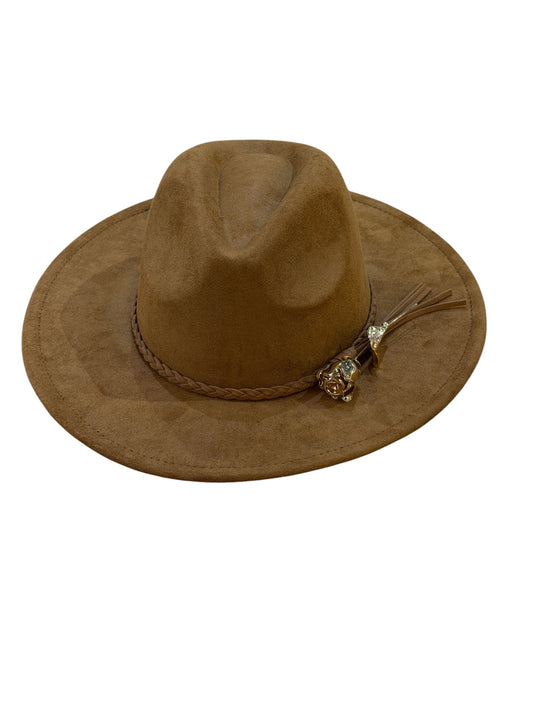 Gold Rose Brown Tassel Fedora Hat Adjustable 