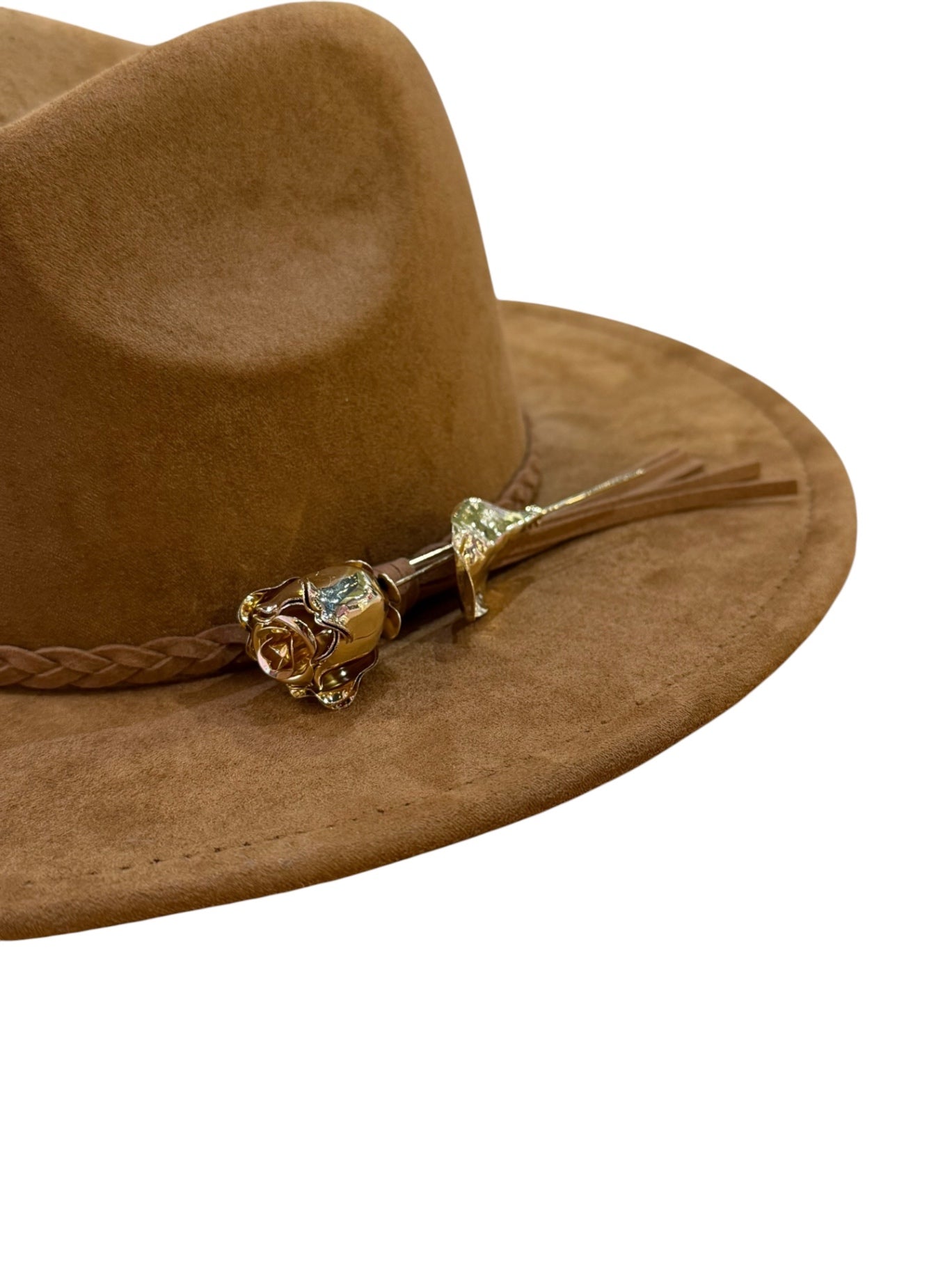 Gold Rose Brown Tassel Fedora Hat Adjustable 