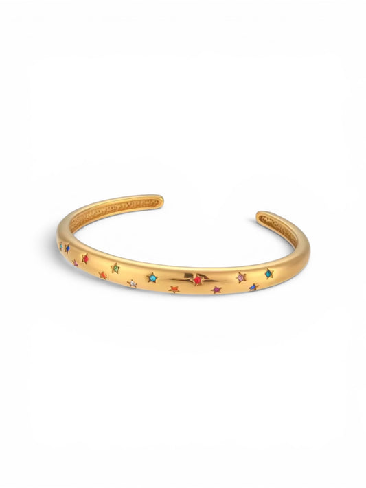 Rainbow Star CZ Crystal Gold Bangle 